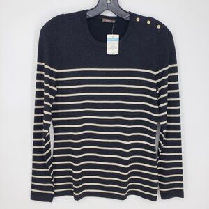 J McLaughlin Ginger Metallic Striped Crew Neck Sweater S Button Trim  Black Gold